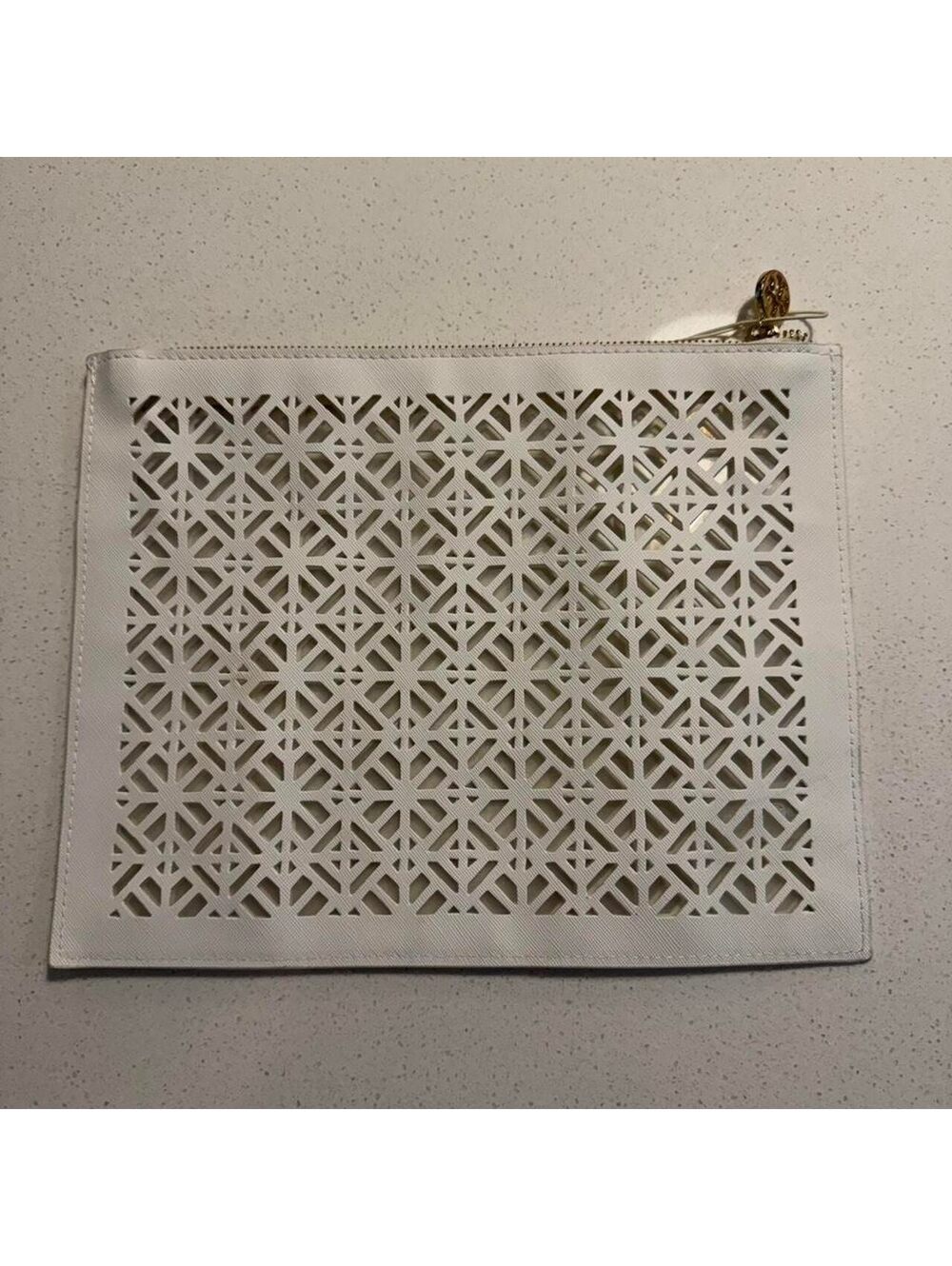 Tory Burch White Laser Cut Leather Clutch with Gold Zipper
